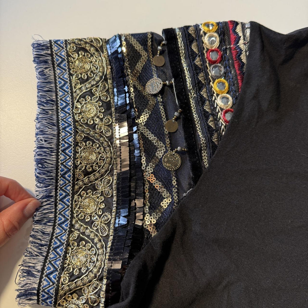 BIBI Black Embellished Coin Sequin Boho T-Shirt