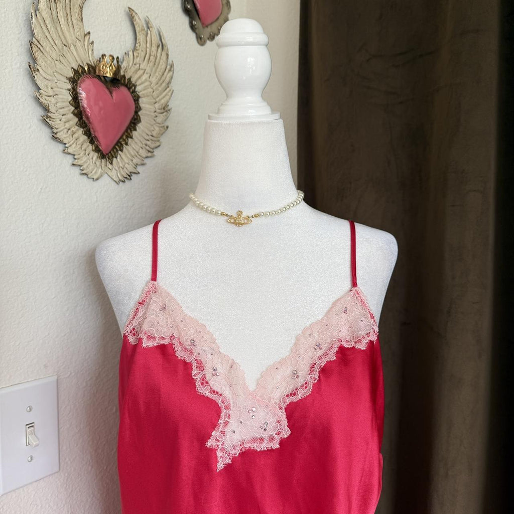 Victoria’s Secret Red Satin Slip Dress — Lace Trim Coquette Lingerie