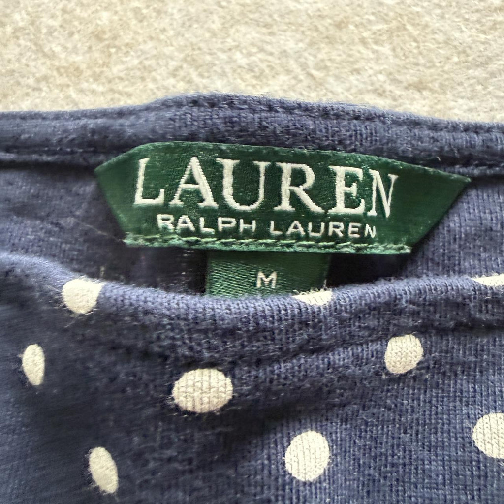 Lauren Ralph Lauren Navy Polka Dot Bell Sleeve Stretch Blouse Women's M