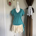 Y2K Teal Ruffle Neck Side Tie Short Sleeve Fairycore Blouse Women's S