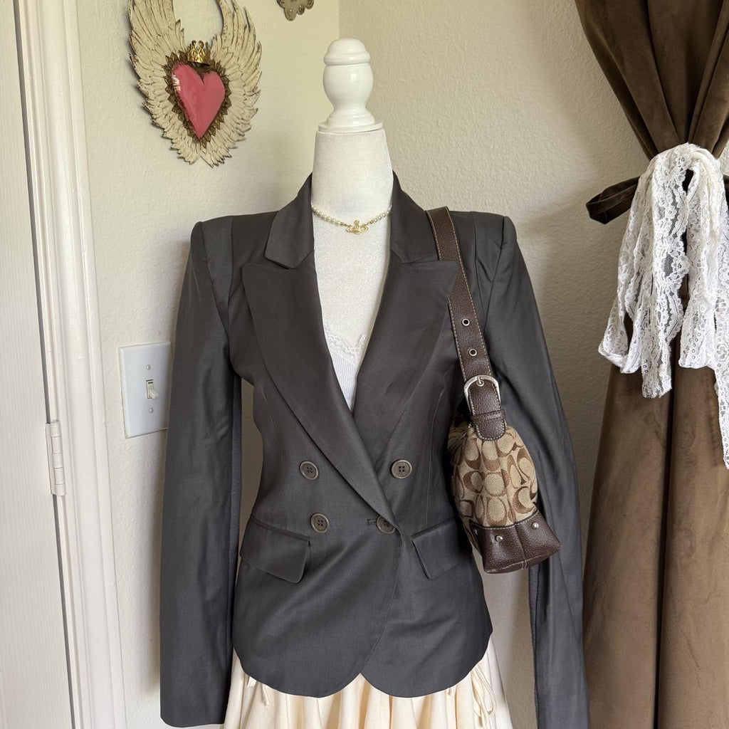 BCBGMAXAZRIA Gray Blazer Shoulder Pads Dramatic Silhouette