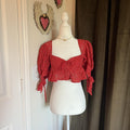 For Love & Lemons Polka Dot Micro Crop Top Puff Sleeve Coquette Bow Detail Ruffled Sweetheart