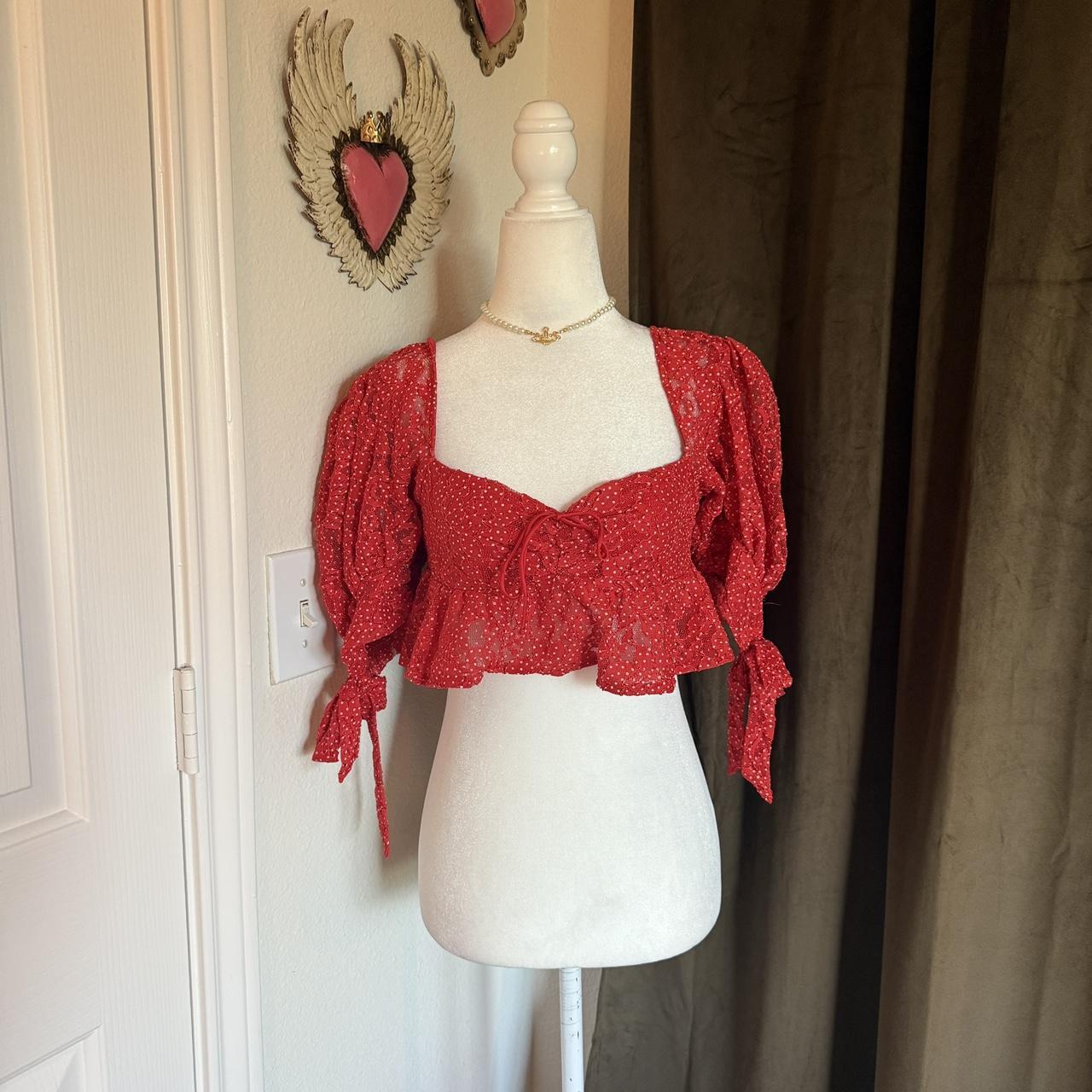 For Love & Lemons Polka Dot Micro Crop Top Puff Sleeve Coquette Bow Detail Ruffled Sweetheart