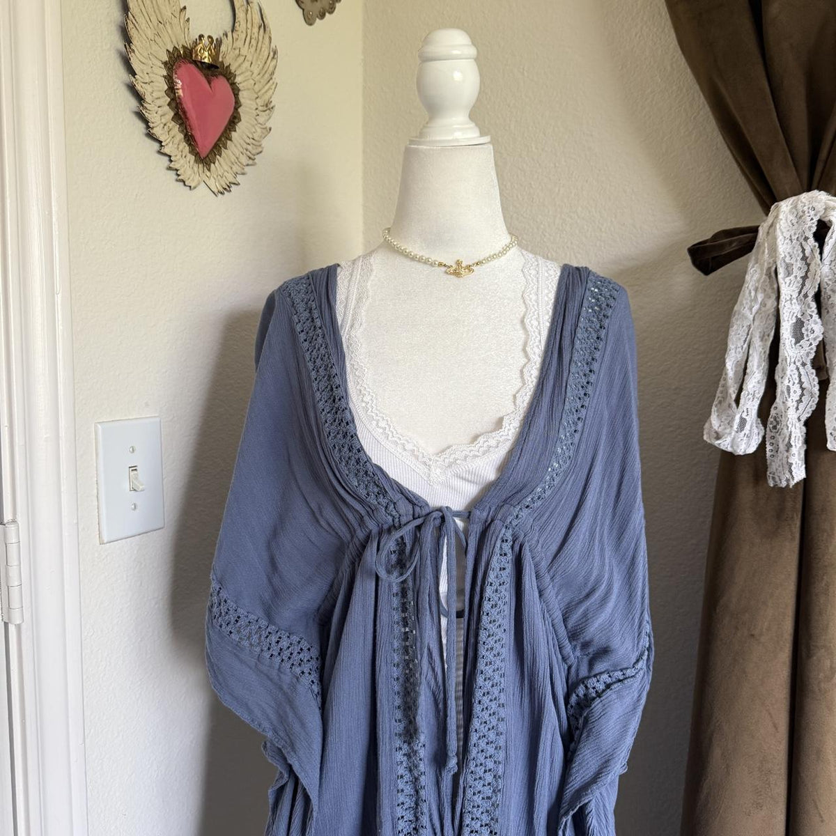 Elan Kimono Bed Jacket Dusty Blue Bohemian Whimsical Layering