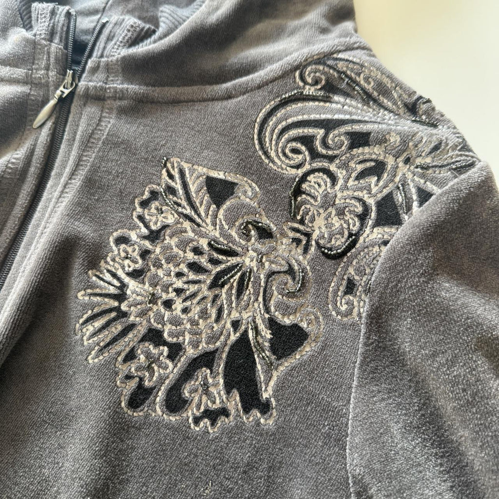 Y2K Cynthia Rowley Velour Velvet Beaded Floral Zip-Up Hoodie