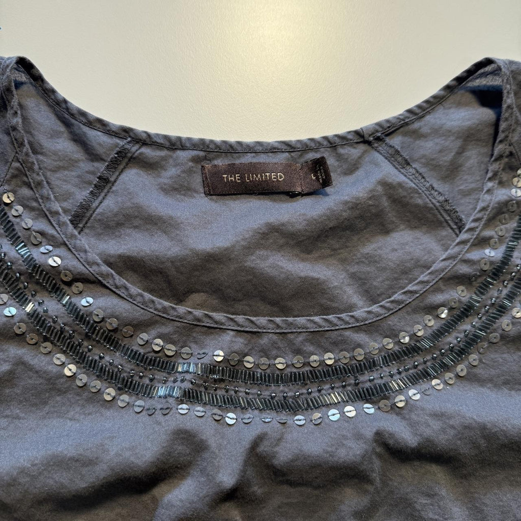 The Limited Grey Sequin Cinch Waist Boho Chic Blouse
