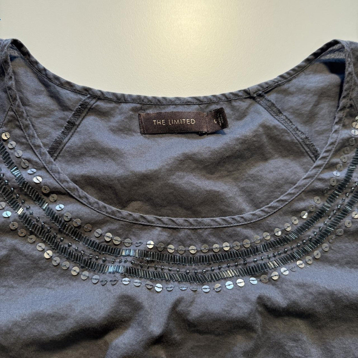 The Limited Grey Sequin Cinch Waist Boho Chic Blouse