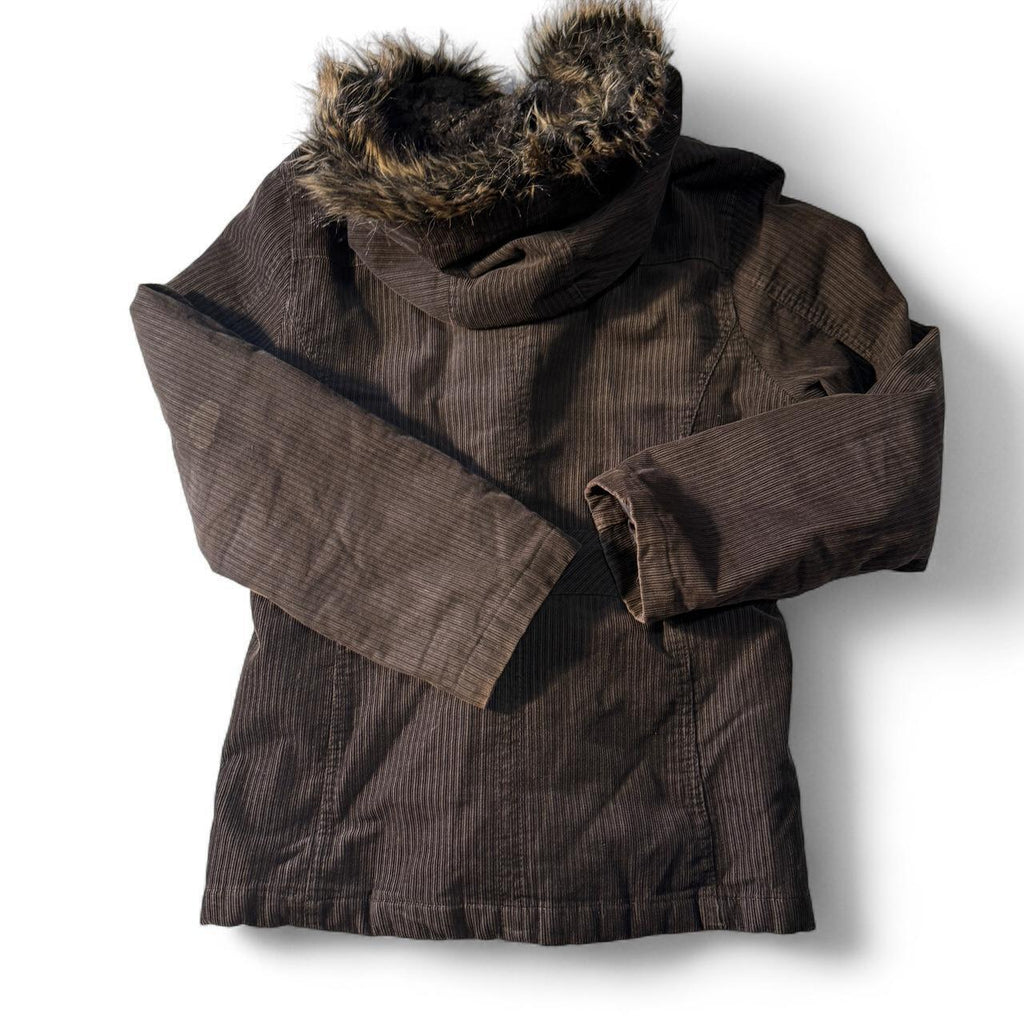 Brown Sonoma Corduroy Zip Faux Fur Hood Jacket Cozy Fall Winter Plaid Interior