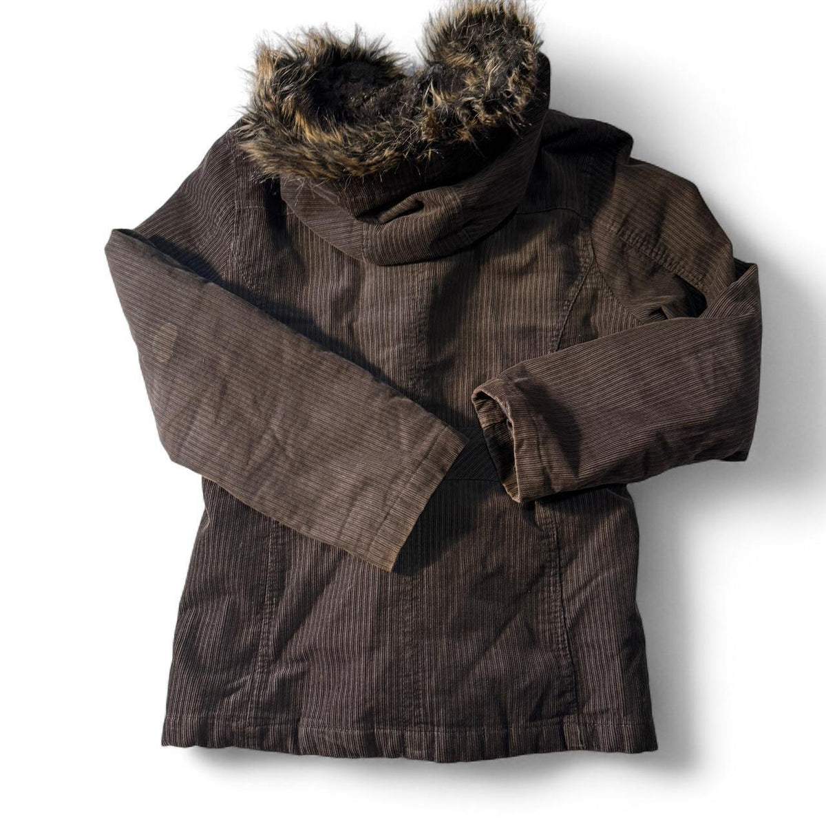 Brown Sonoma Corduroy Zip Faux Fur Hood Jacket Cozy Fall Winter Plaid Interior