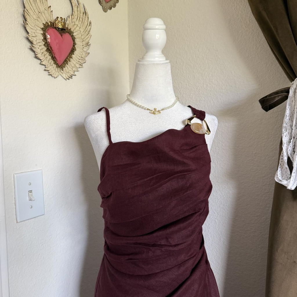 NWT Zara Asymmetric Linen Maxi Dress XS Aubergine Gold Applique 8840/386