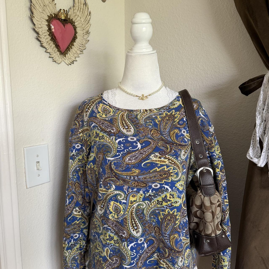 Jones New York Paisley Bohemian 100% Cotton Long Sleeve Blouse