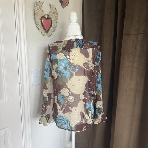 90s Vintage Sheer Ruffled Frilly Mamma Mia Floral Blouse Bohemian Summer Vacation Selene Sport