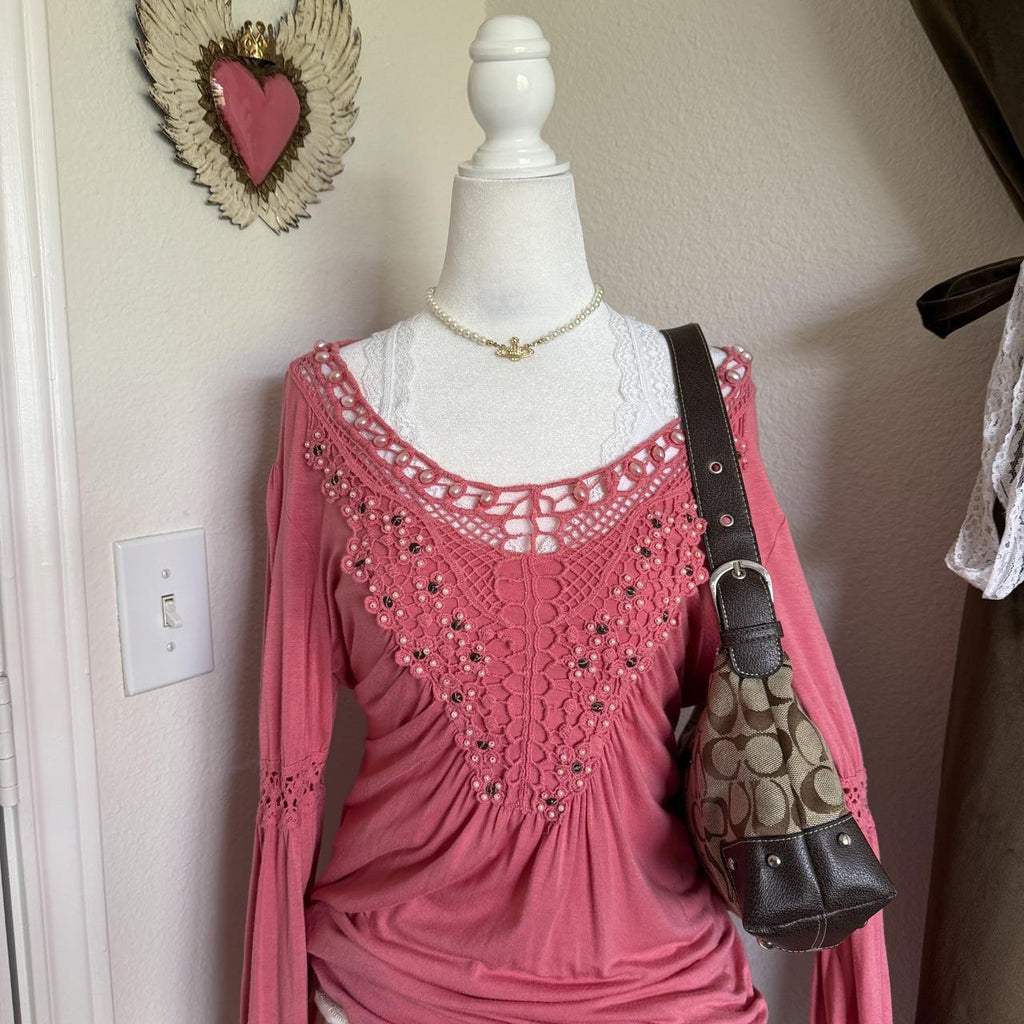 Linea Domani Pink Princess Inspired Blouse with Tie-Back Detail Beaded Pearls