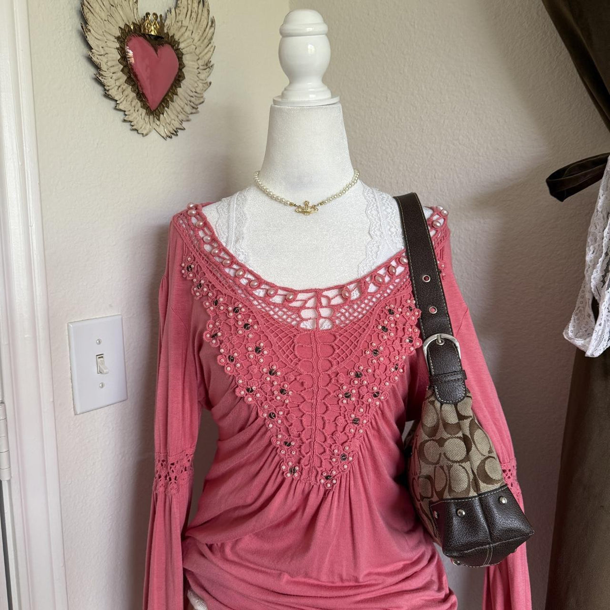 Linea Domani Pink Princess Inspired Blouse with Tie-Back Detail Beaded Pearls