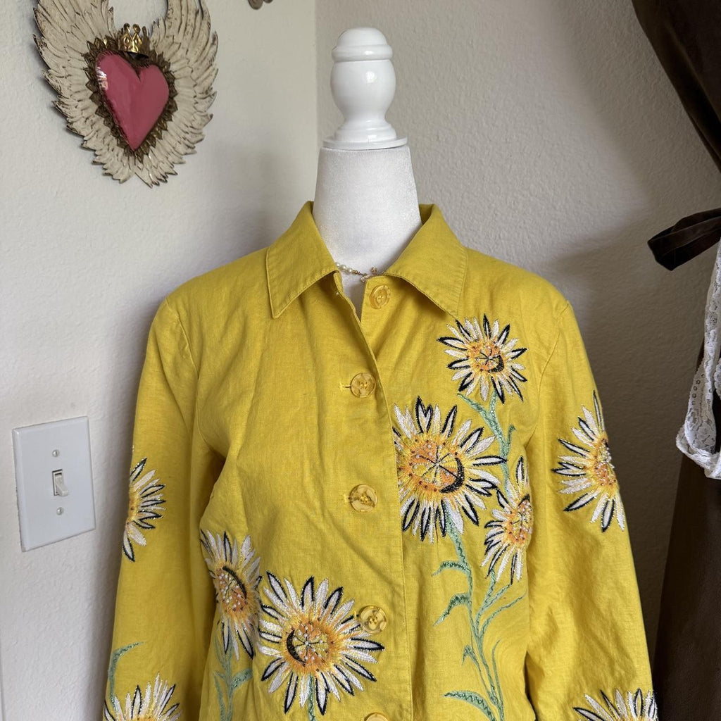 Vintage Yellow Sunflower Quirky Campy Lightweight Jacket Beaded Handpainted