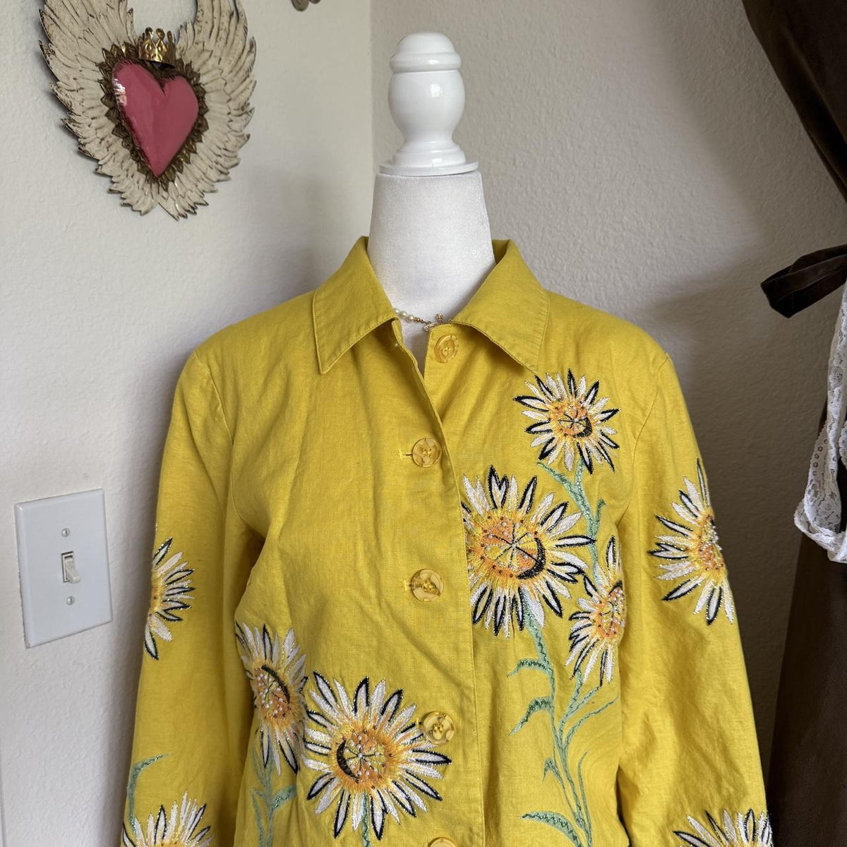 Vintage Yellow Sunflower Quirky Campy Lightweight Jacket Beaded Handpainted