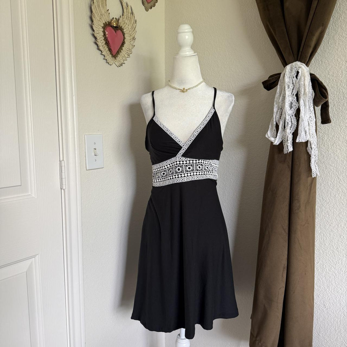 SO Lace Trim Babydoll Girly Slip Dress Black & White