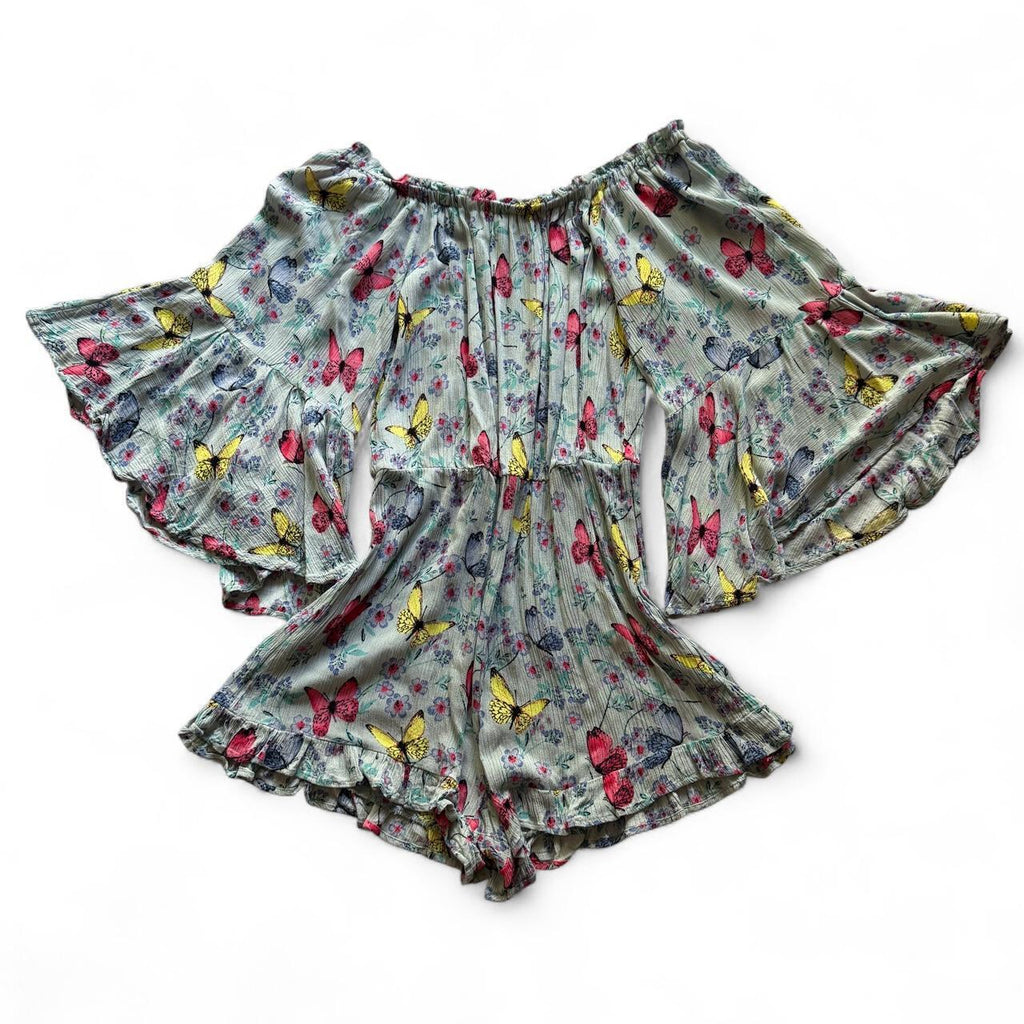 Deja Vu Butterfly Floral Off Shoulder Bell Sleeve Romper Women's Small Boho