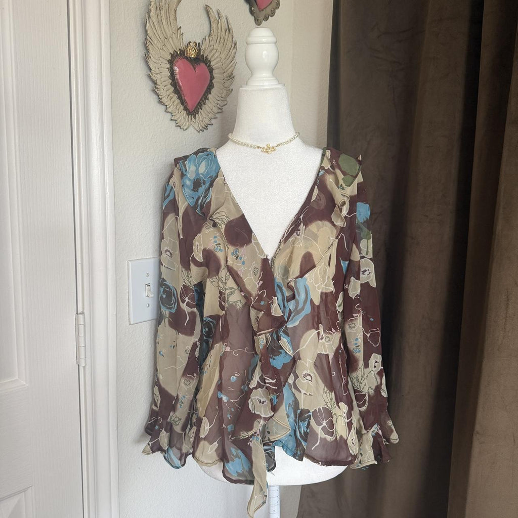90s Vintage Sheer Ruffled Frilly Mamma Mia Floral Blouse Bohemian Summer Vacation Selene Sport