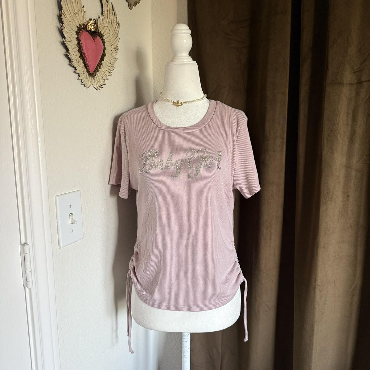 Starlet Pink Y2K Rhinestone Ribbed Baby Tee Blingy Girly Top Sz L