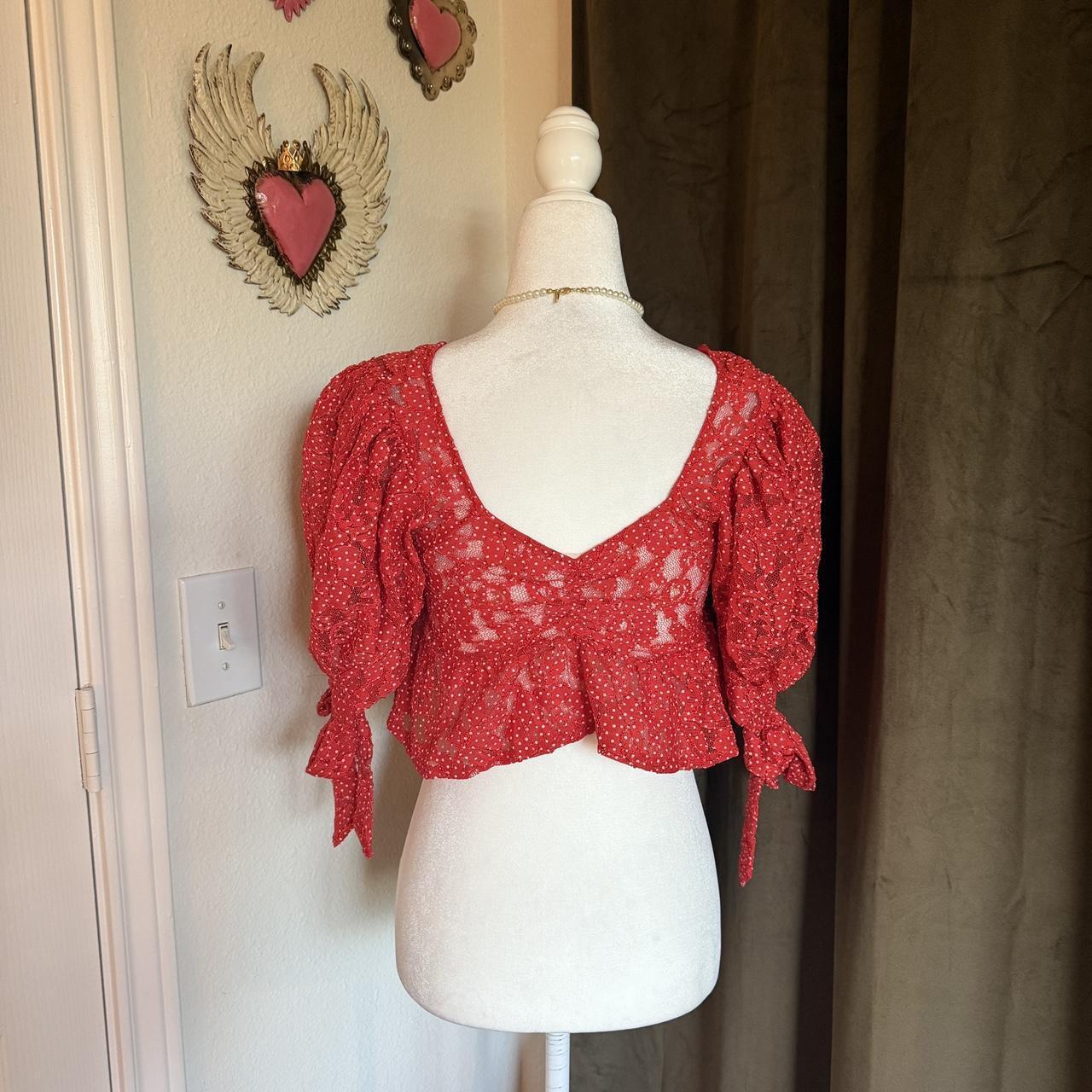 For Love & Lemons Polka Dot Micro Crop Top Puff Sleeve Coquette Bow Detail Ruffled Sweetheart