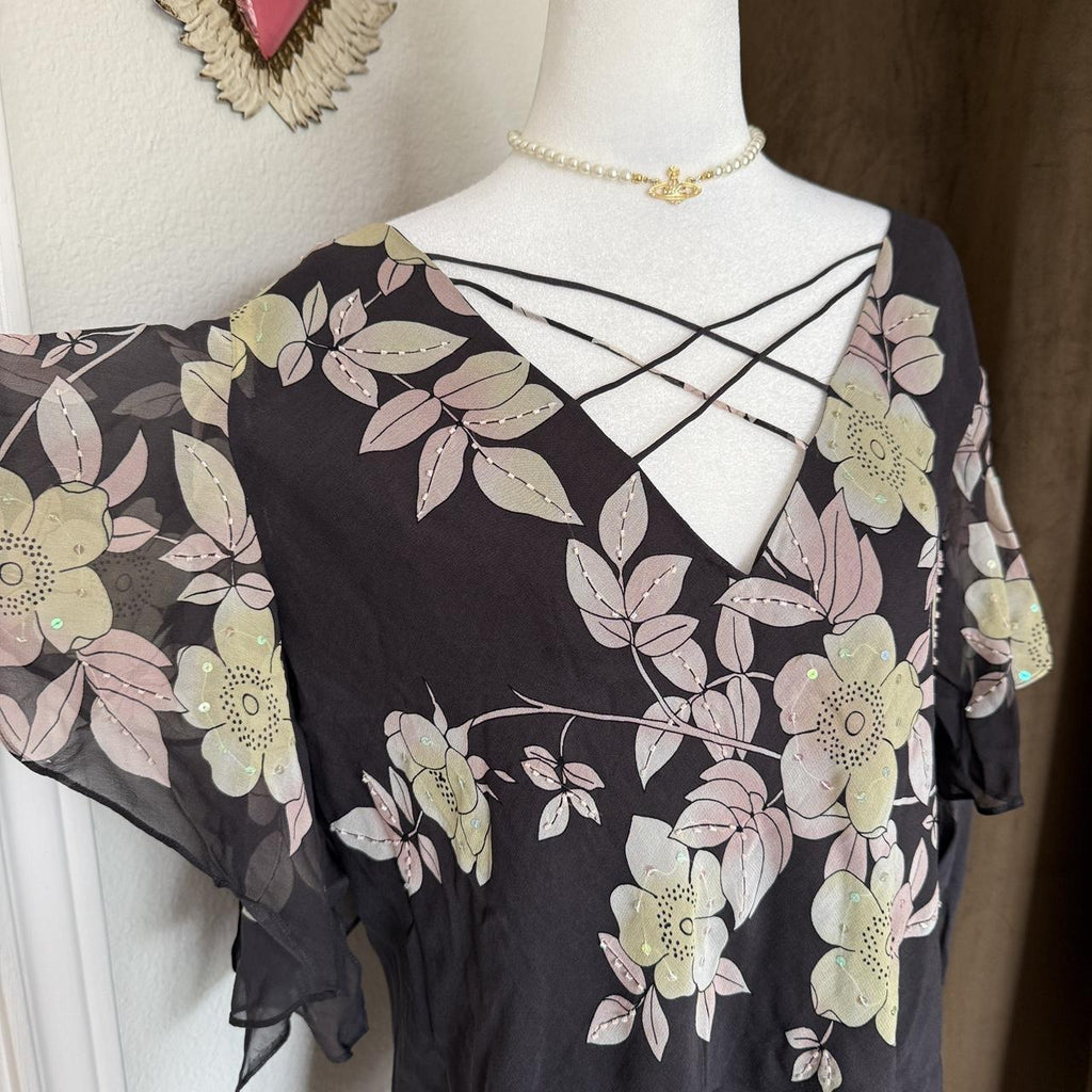 Adrianna Papell Vintage Floral Flutter Sleeve Blouse Romantic Kimono Style