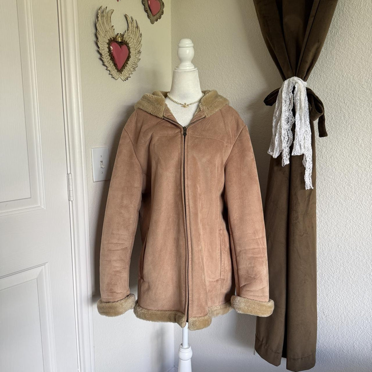 Fleet Street LTD Faux Suede Shearling Hooded Winter Coat Women's XL Tan
