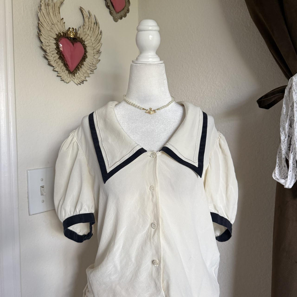 FRAME The Silk Sailor Blouse S Cream Navy Puff Sleeve Designer Top