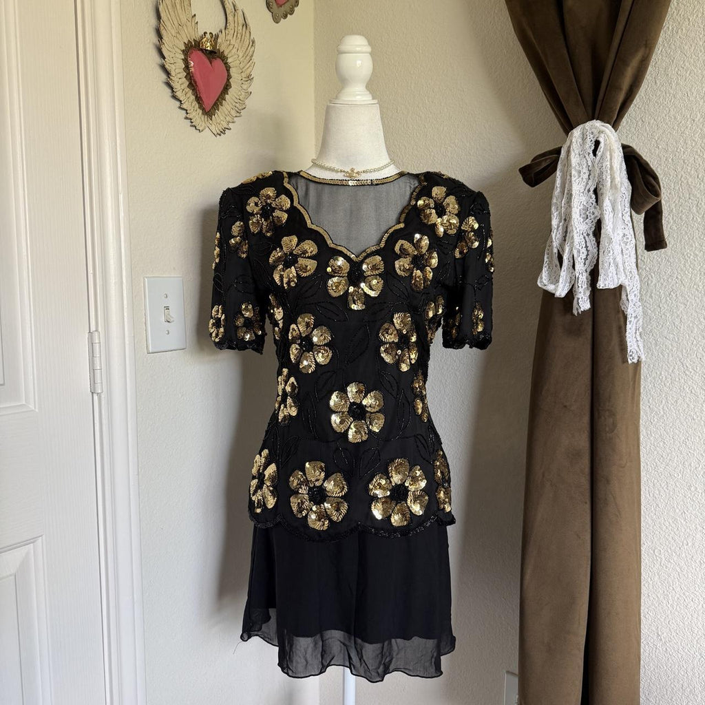 Vintage 1980s Stenay Black Gold Silk Sequin Beaded Floral Blouse Women's Small