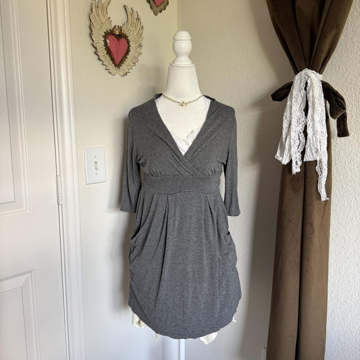 Forever 21 Gray Babydoll Mini Dress Top Pockets Size S Softgirl Cottagecore