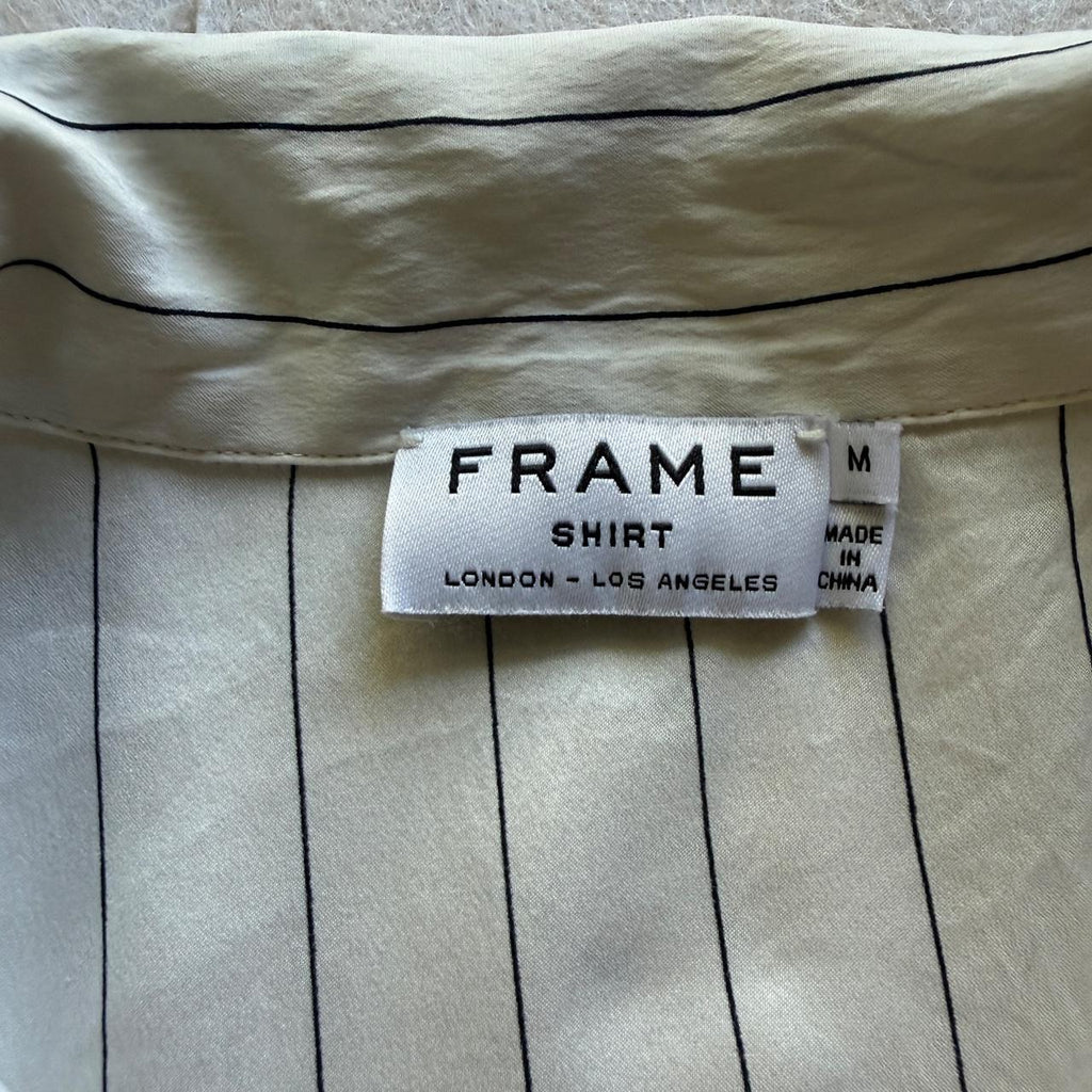 FRAME Silk Pajama Shirt M Ivory Navy Pinstripe Piping Sheer Blouse Flawed
