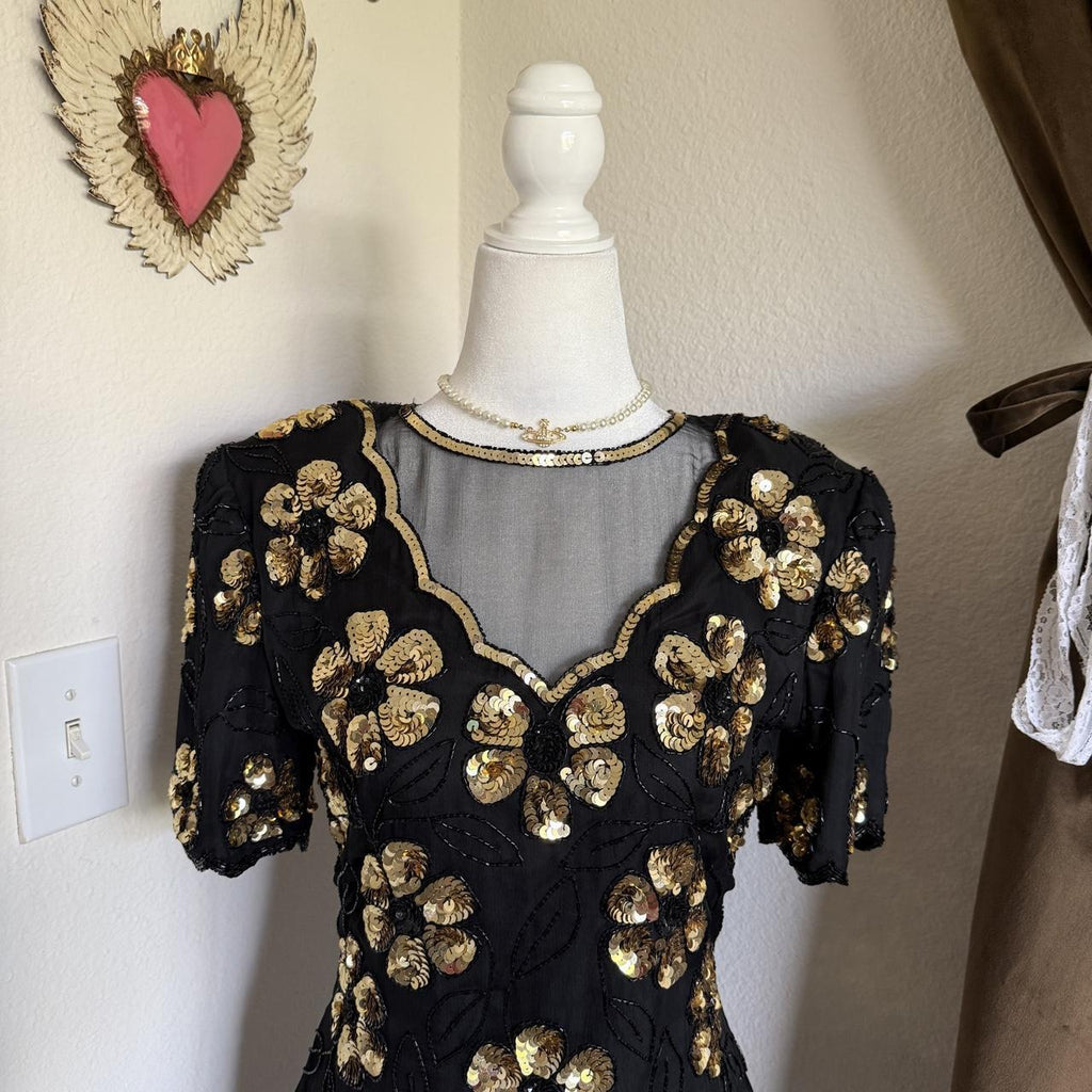 Vintage 1980s Stenay Black Gold Silk Sequin Beaded Floral Blouse Women's Small