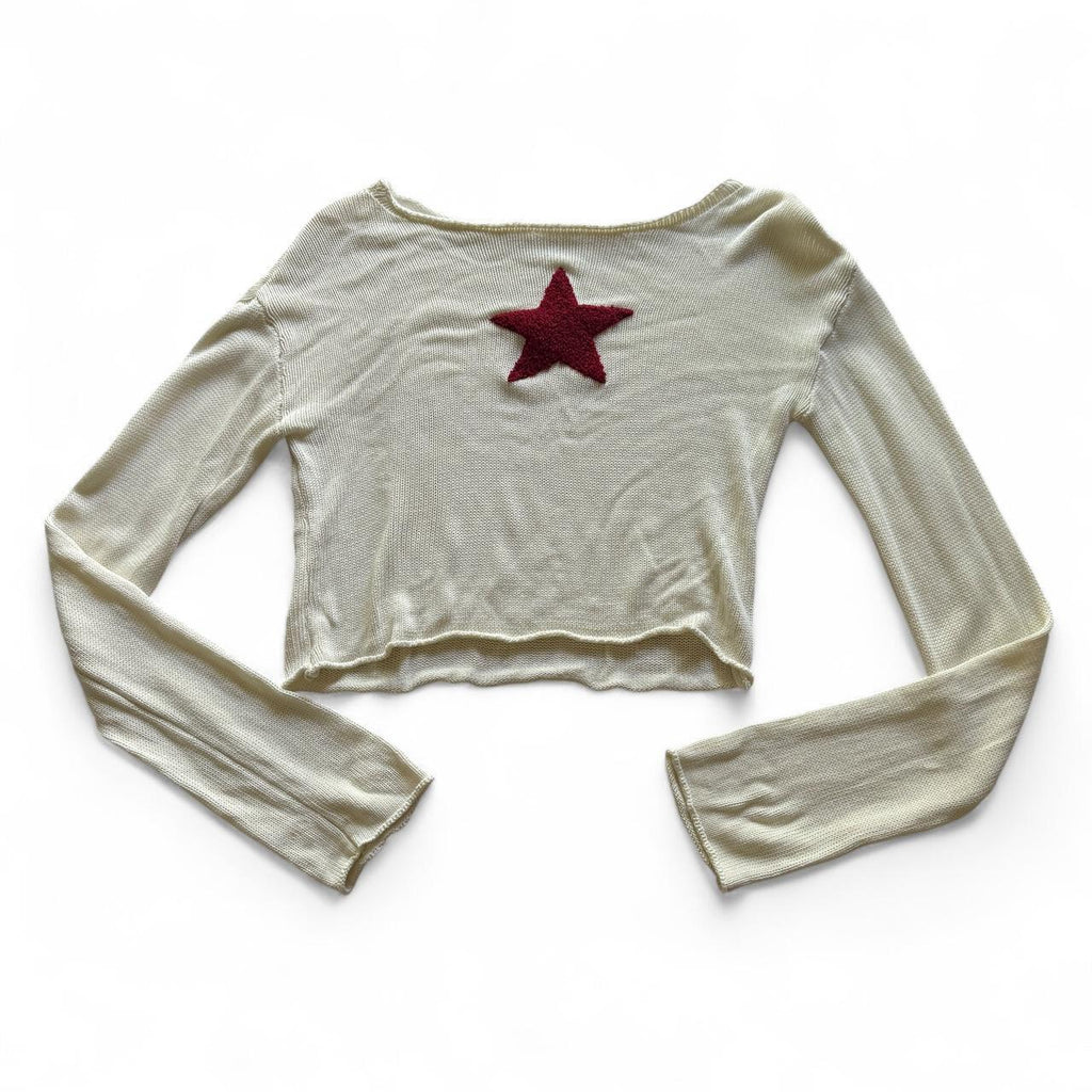 Y2K Inspired Star Detail 100% Cotton Cropped Rolled Hem Sweater