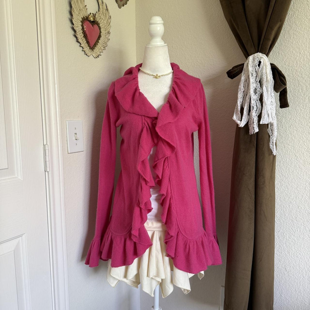 Minnie Rose Designer Cashmere Ruffled Girly Coquette Cardigan