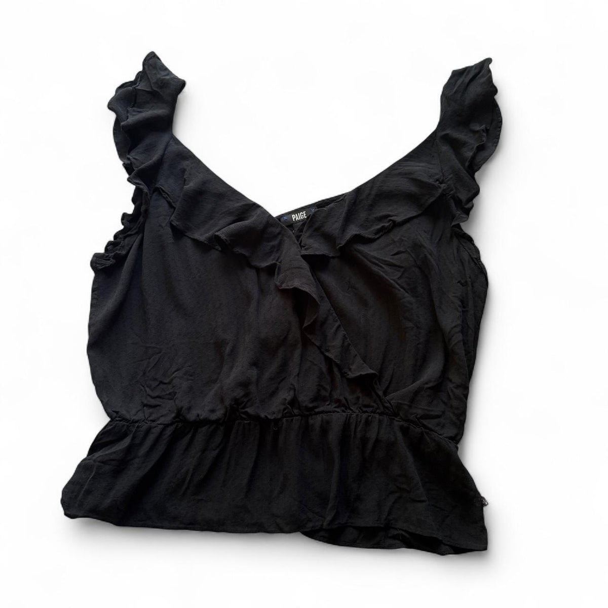 PAIGE Black Ruffle V Neck Peplum Sleeveless Blouse Women's Large Flawed