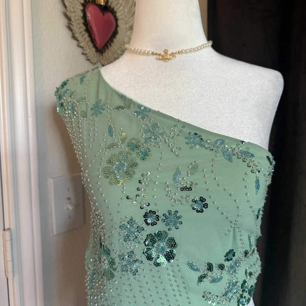 Asymmetric Sequin Beaded One Shoulder Blouse Green Floral Sequin Rhinestone Y2K