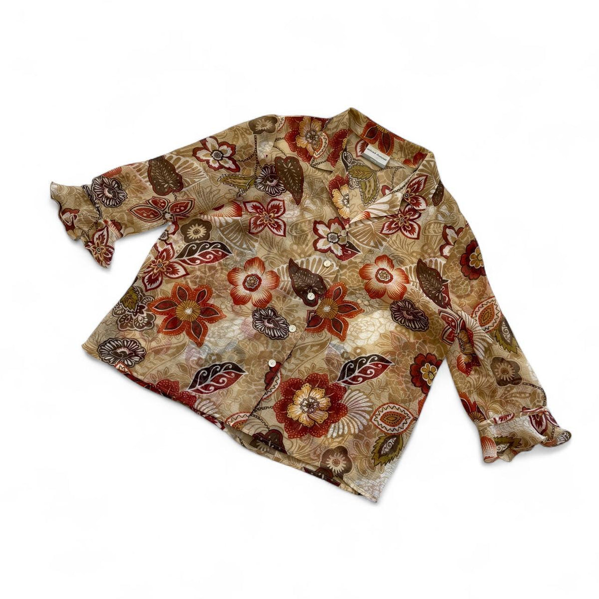 Alfred Dunner Petite Sheer Floral Button Up Blouse Boho Earthy Cottagecore