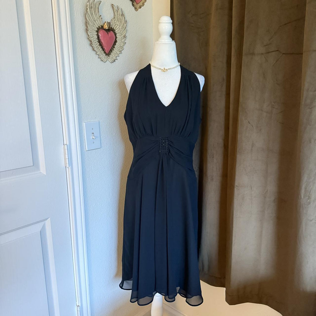 R&M Richards Sleeveless Black Beaded Cocktail Dress Y2K Formal