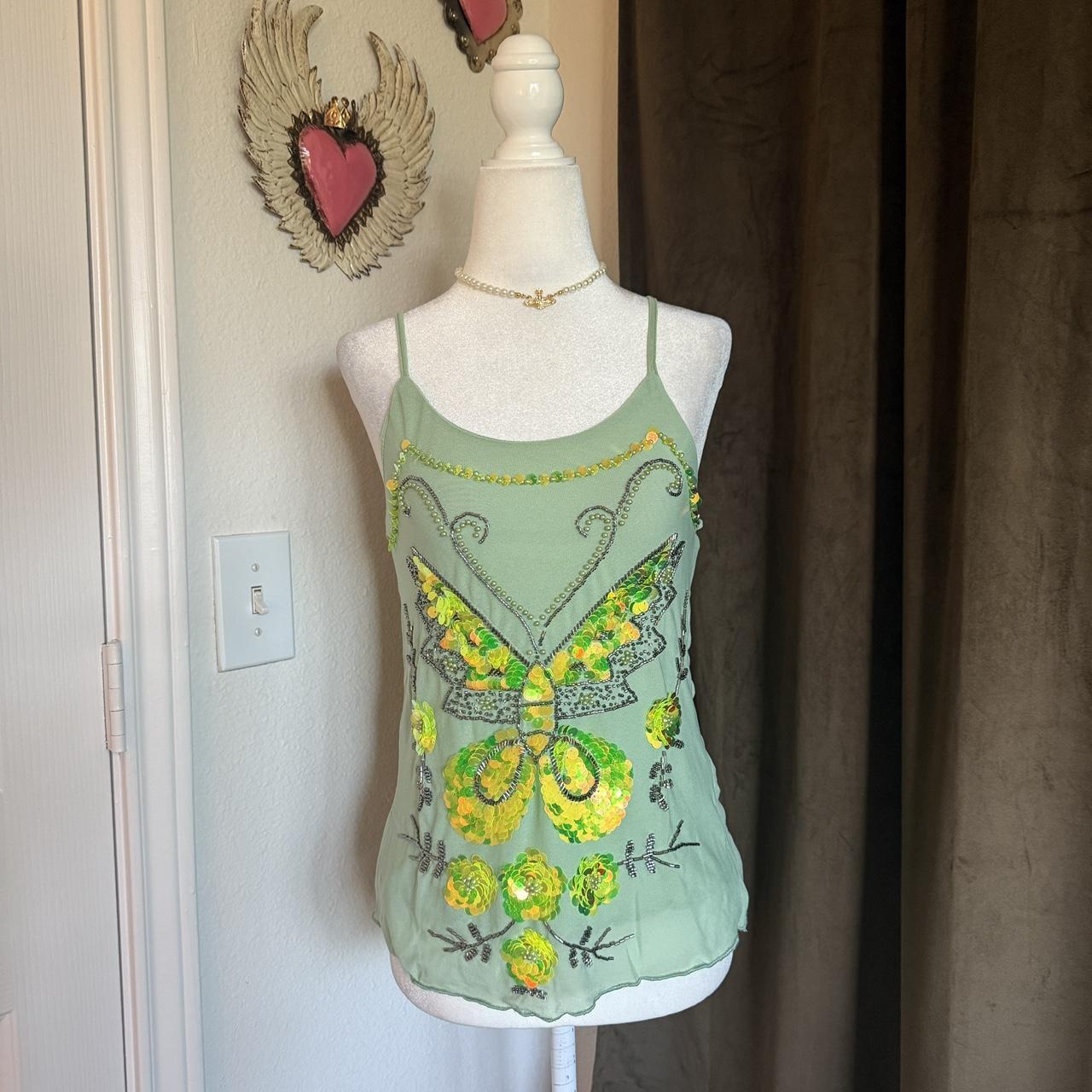 Fairycore Green Sequin Butterfly Detail Tank Top