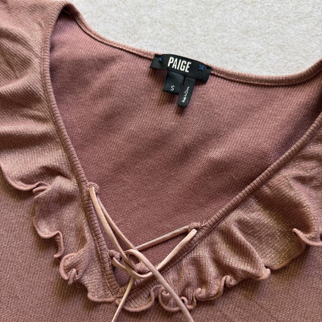 PAIGE Rainey Pink Metallic Ruffle Lace Up Sleeveless Knit Top Women's S