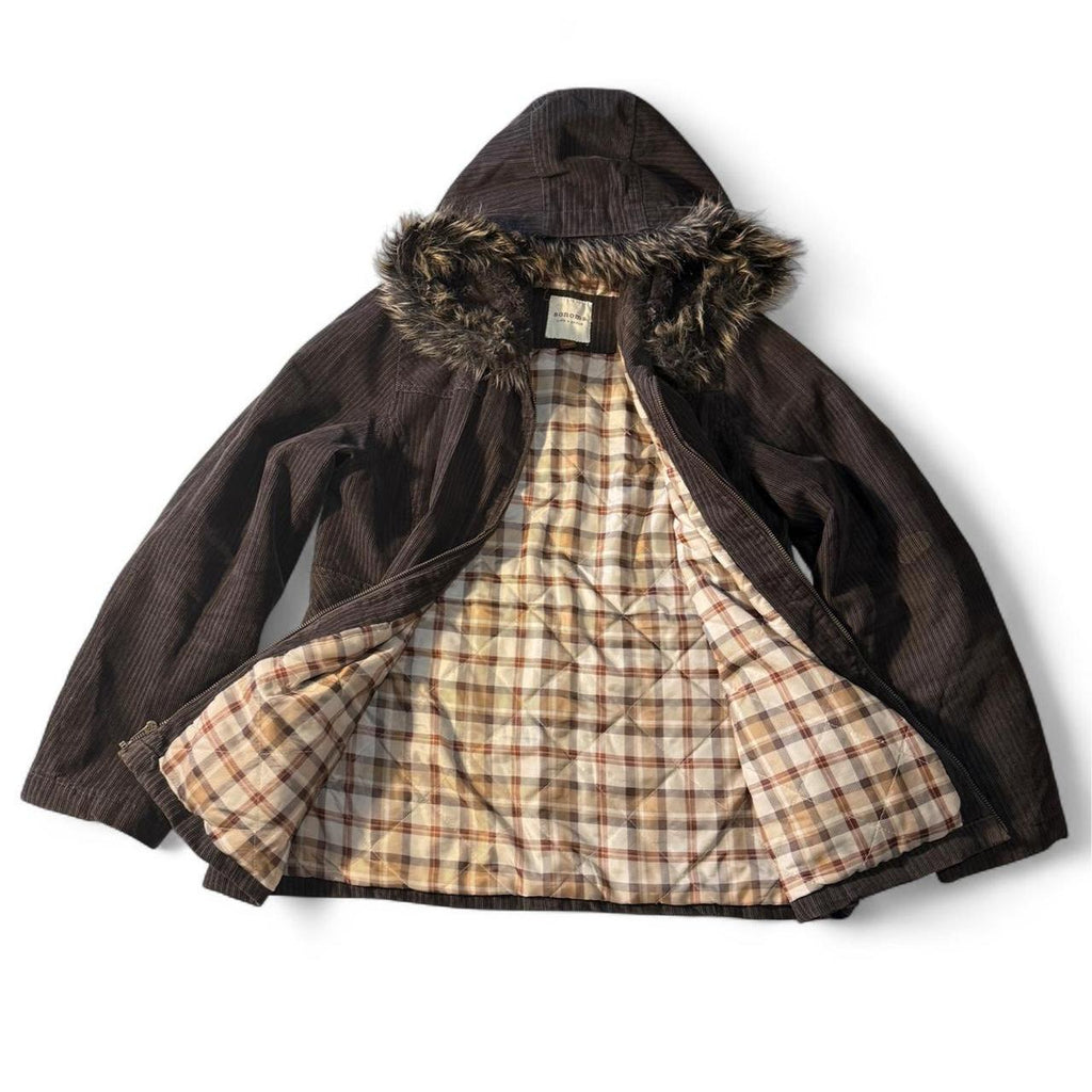 Brown Sonoma Corduroy Zip Faux Fur Hood Jacket Cozy Fall Winter Plaid Interior