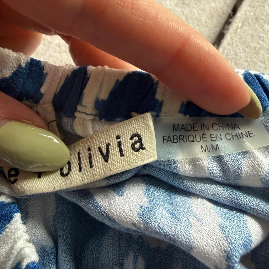 Alice + Olivia Devina Ikat Off Shoulder Bell Sleeve Blouse Blue White M