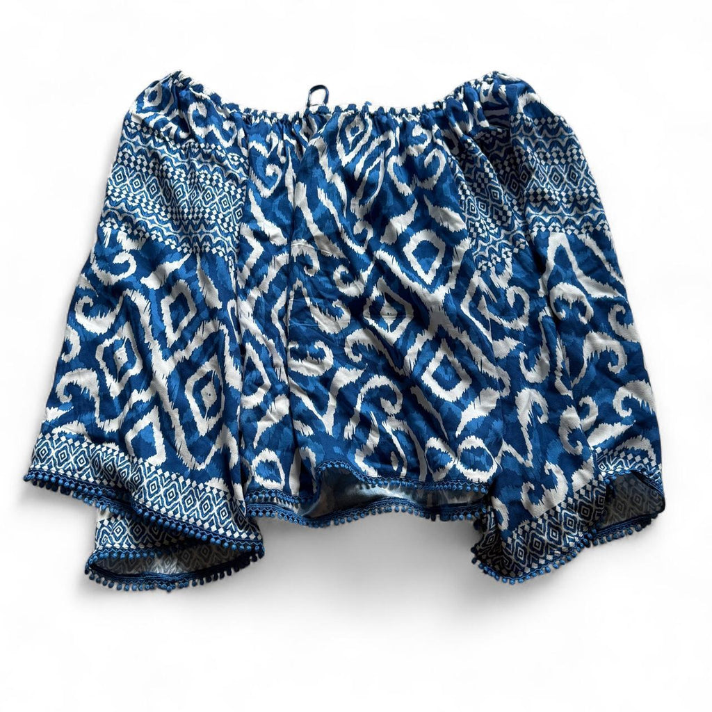 Alice + Olivia Devina Ikat Off Shoulder Bell Sleeve Blouse Blue White M