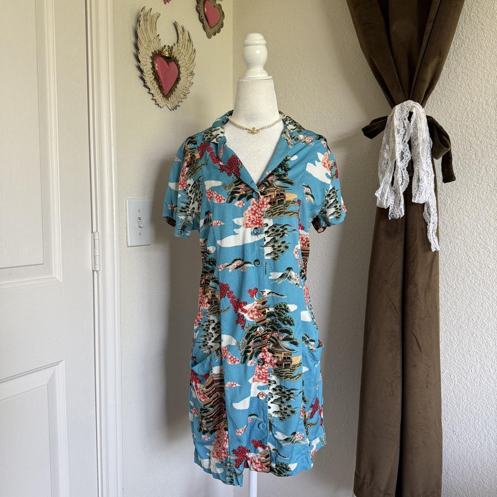 RVCA Unique Pattern T-Shirt Dress Whimsical Asian Inspired Mini Button Detail