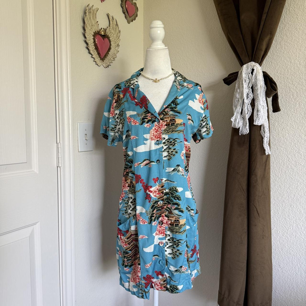 RVCA Unique Pattern T-Shirt Dress Whimsical Asian Inspired Mini Button Detail
