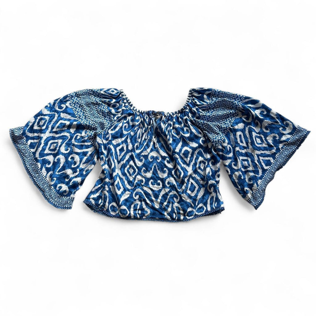 Alice + Olivia Devina Ikat Off Shoulder Bell Sleeve Blouse Blue White M