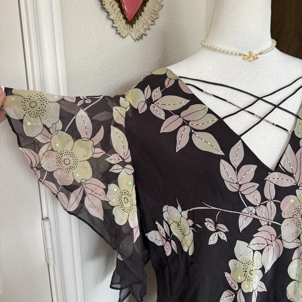 Adrianna Papell Vintage Floral Flutter Sleeve Blouse Romantic Kimono Style