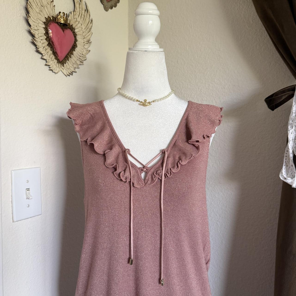 PAIGE Rainey Pink Metallic Ruffle Lace Up Sleeveless Knit Top Women's S