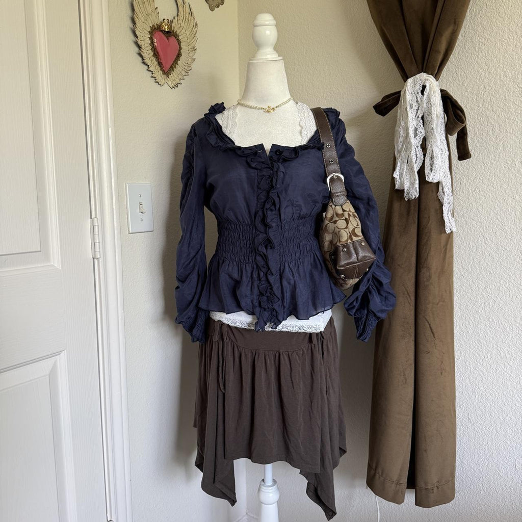 Papaya Y2K Silk Blended Romantic Ruffled Blouse Bohemian Whimsical