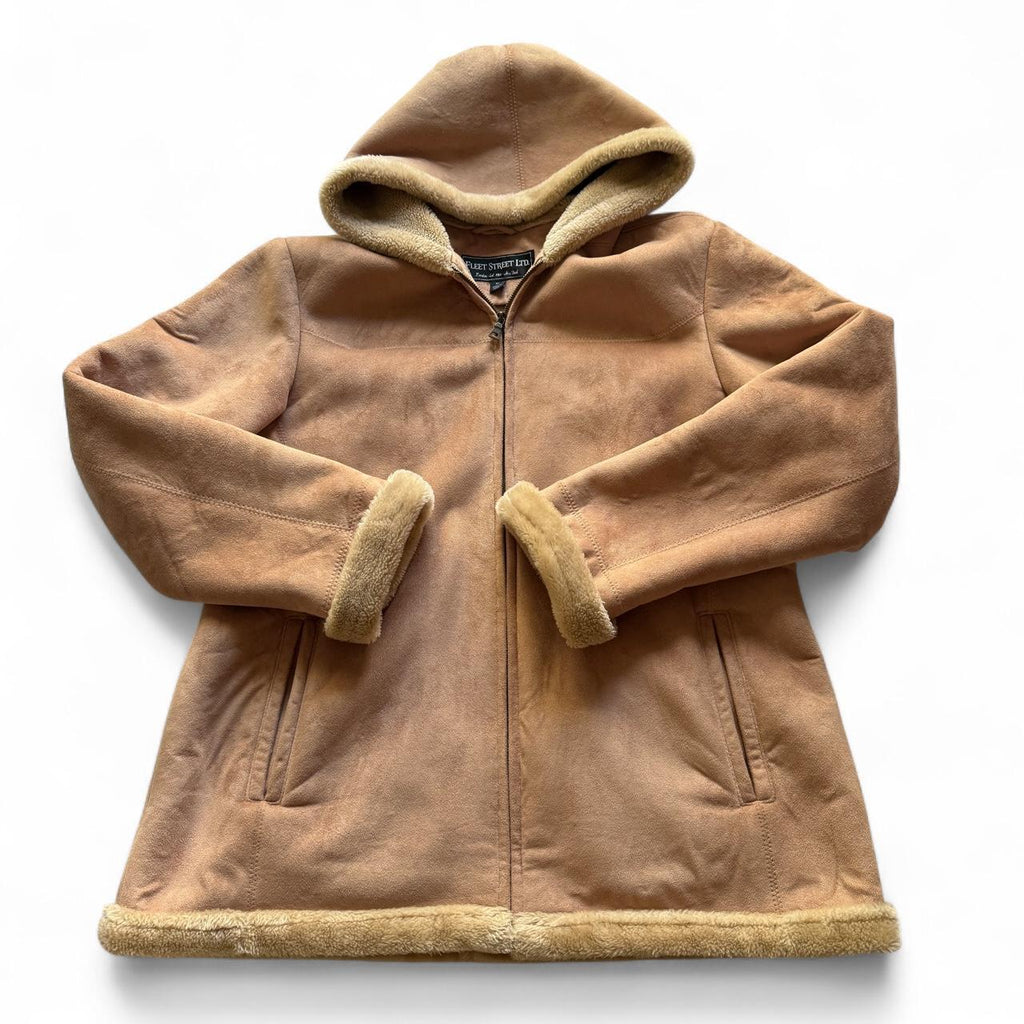 Fleet Street LTD Faux Suede Shearling Hooded Winter Coat Women's XL Tan